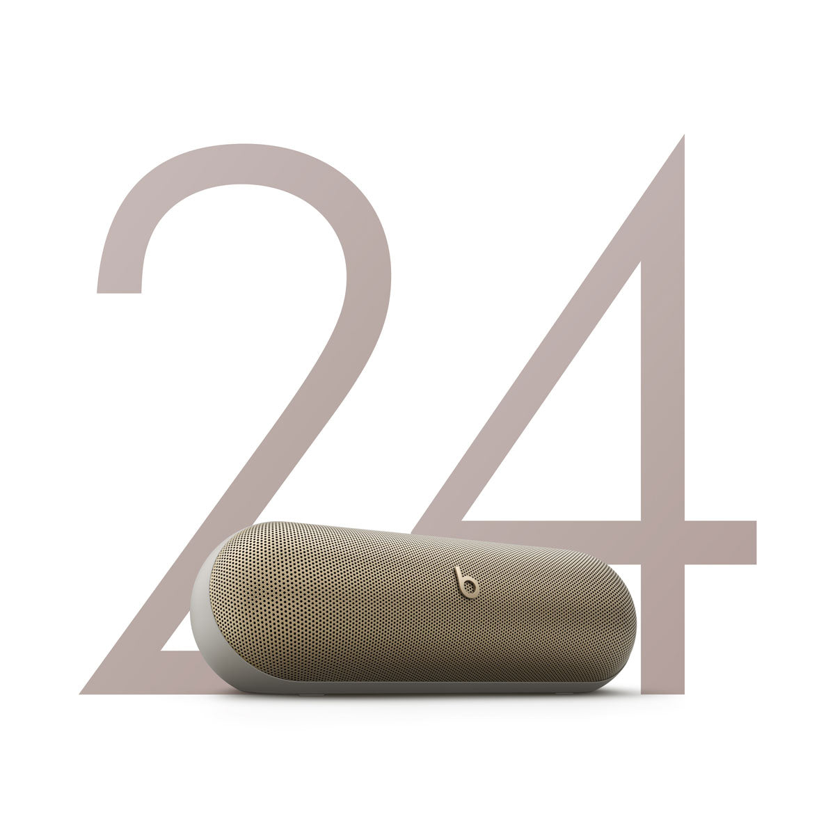 Alt text for this image:
A beige Beats portable speaker placed in front of a large "24" graphic, highlighting its 24-hour battery life, emphasizing the speaker's long-lasting performance for all-day use.