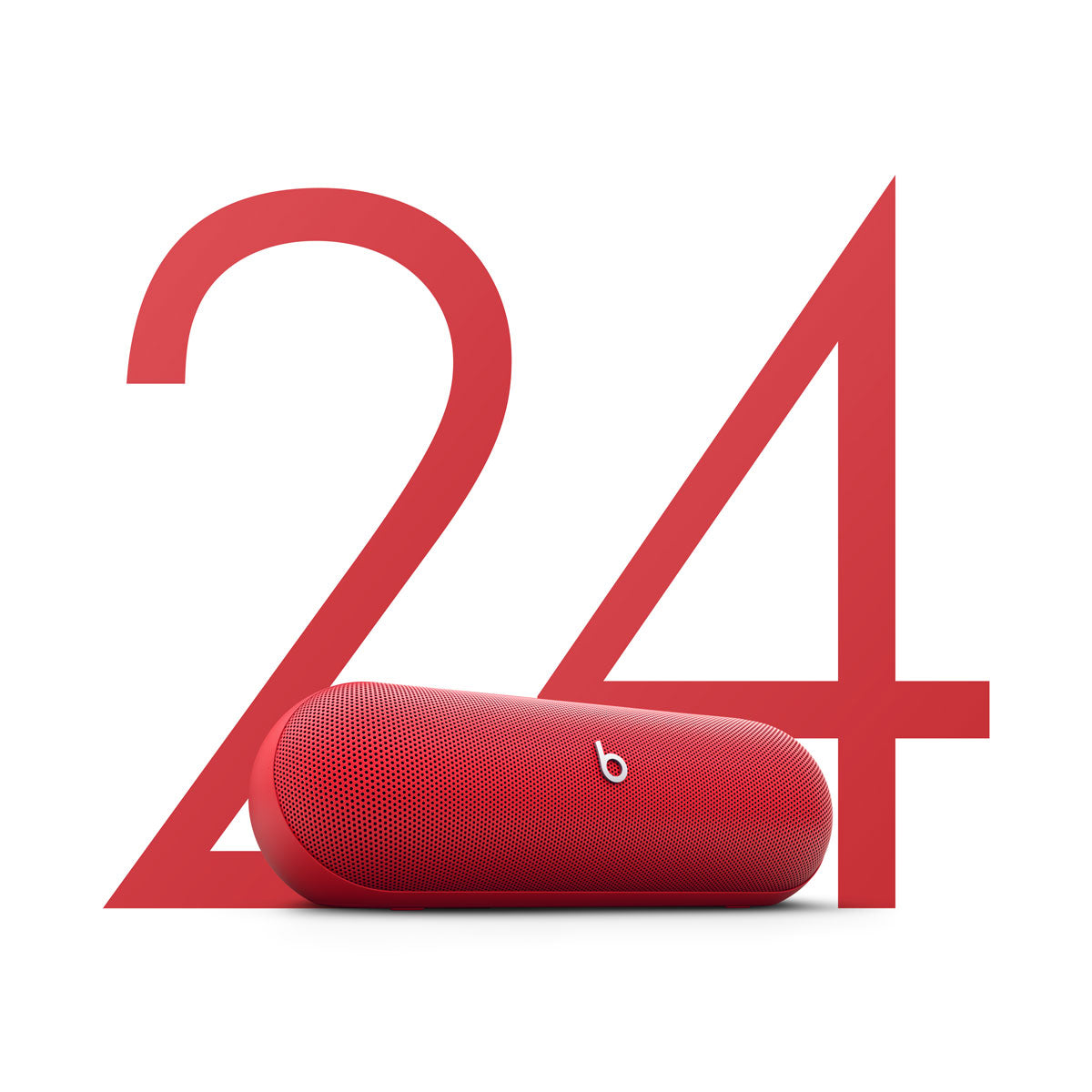 Alt text for this image:
A red Beats portable speaker placed in front of a large red "24" signifying 24-hour battery life, highlighting the speaker's long-lasting playtime.