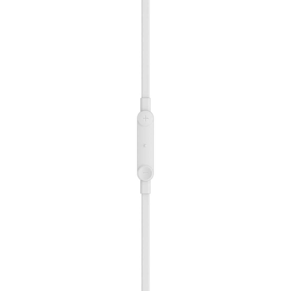 The image shows the inline remote control of the white earphones. It includes three buttons: a "+" button for increasing volume, a central button for controlling playback or calls, and a "−" button for lowering the volume. The clean design and streamlined structure make the remote intuitive and easy to use while maintaining a minimalist appearance.