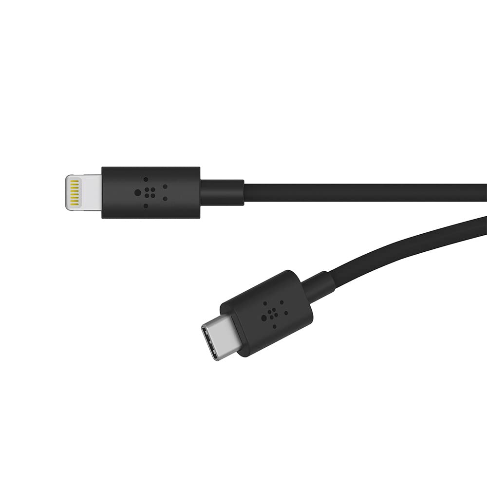 The image shows a Belkin USB-C to Lightning cable designed for fast charging and data transfer for Apple devices. This cable is compact and ideal for connecting iPhones or iPads with Lightning ports to USB-C power adapters or laptops.