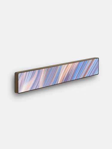 Bang & Olufsen Beosound Stage with an Abstract Lines skin cover, featuring a dynamic and colorful pattern with flowing lines in shades of blue, pink, and orange