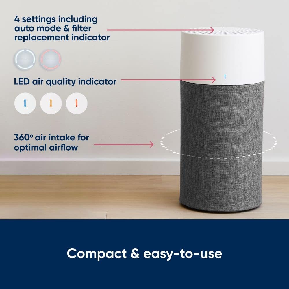 Compact cylindrical air purifier with 360° air intake, LED air quality indicator, and auto mode with filter alerts.