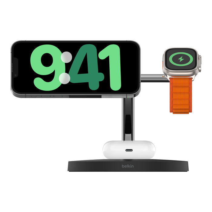 This is the
This is the Belkin 3-in-1 wireless charging stand, designed to simultaneously charge an iPhone, Apple Watch, and AirPods. It features a sleek design and supports fast charging with MagSafe compatibility.