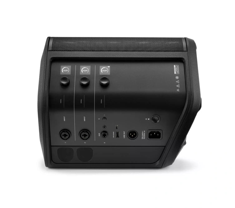 Rear view of a Bose speaker showing its control panel and input/output ports. The control panel includes three knobs for adjusting volume, treble, and bass, each with a corresponding digital display above it. Below the control knobs, there are various input ports, including two XLR/TRS combo jacks, a 3.5mm auxiliary input, a USB port, and a power input. The design is functional and neatly organized, providing easy access to all controls and connections.