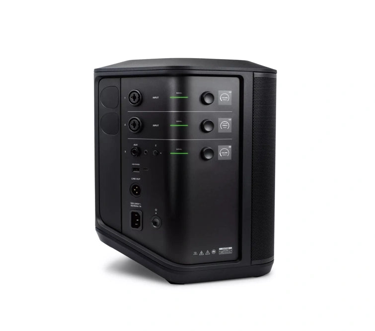 Angled rear view of a black Bose speaker showcasing its control panel and input/output ports. The control panel includes three knobs for adjusting volume, treble, and bass, each with corresponding digital displays and green indicators. The ports include two XLR/TRS combo jacks, a 3.5mm auxiliary input, a USB port, and a power input. The design is sleek and functional, with all controls and connections neatly organized on one side of the speaker.