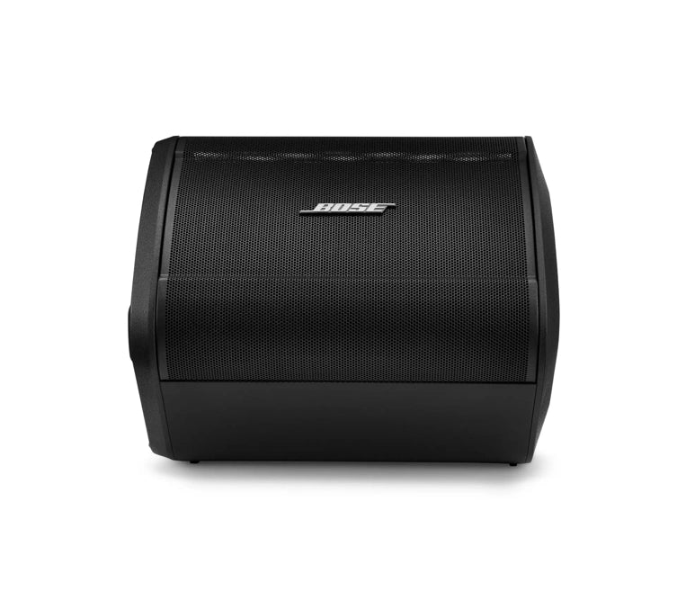 Front view of a black Bose speaker with the Bose logo prominently displayed on the center of the front grille. The speaker has a sleek, curved design, emphasizing a modern and professional look. The grille covers the entire front surface, providing protection for the internal components while allowing for clear sound projection.