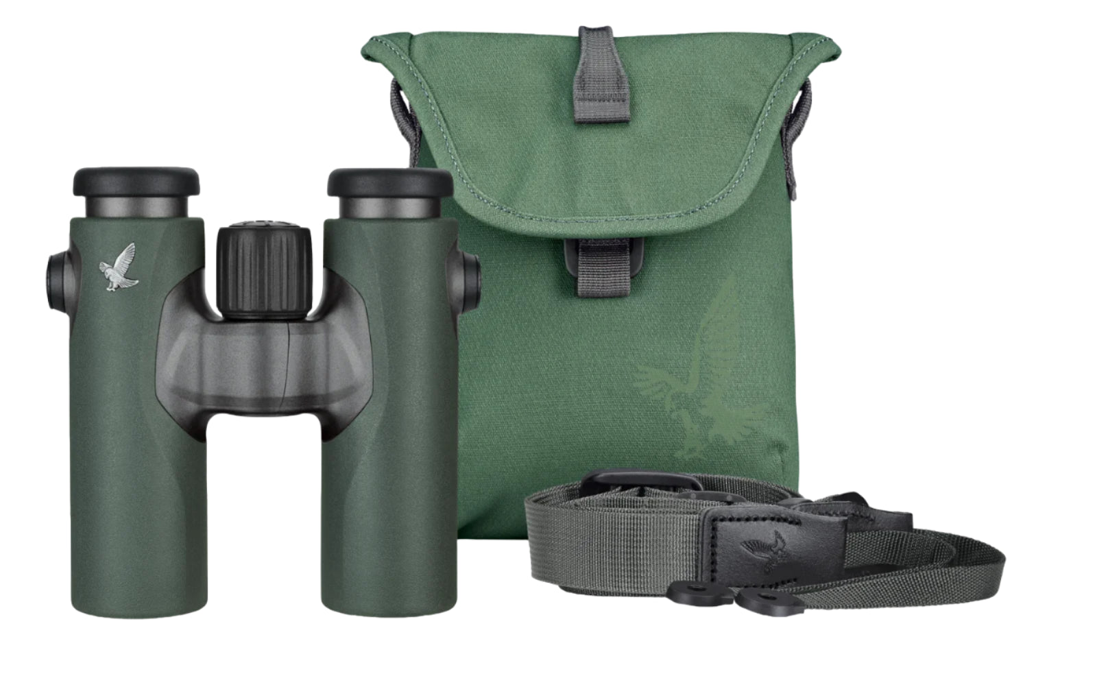 The image displays a green pair of compact binoculars with a central focus wheel and the Swarovski logo on the side. Accompanying the binoculars is a matching green carrying case featuring a subtle outline of a bird design, along with an adjustable strap that has a stitched Swarovski logo.