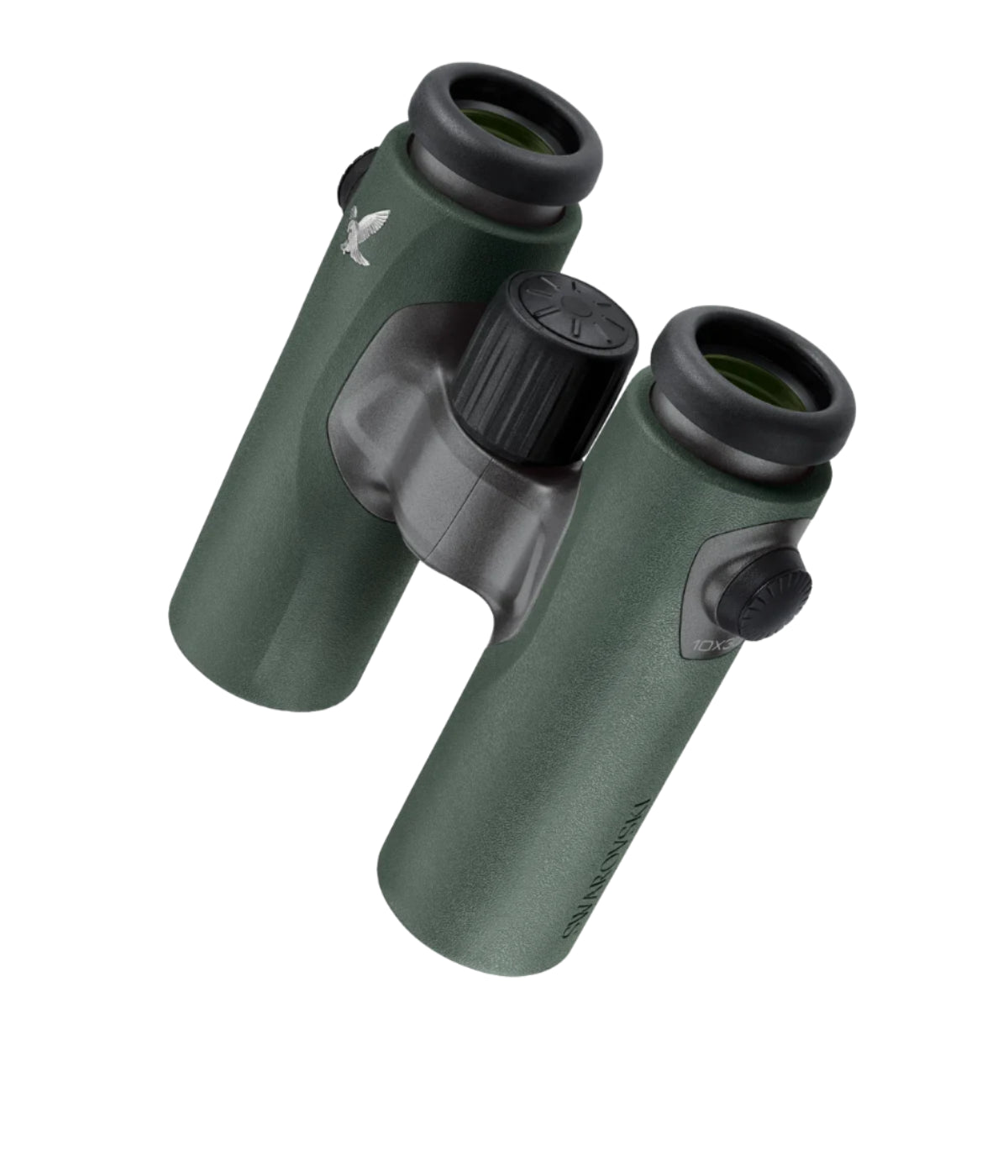 This image shows a pair of green compact binoculars viewed from an angled perspective, highlighting the textured surface, central focus wheel, and ergonomic design. The Swarovski logo is visible on one of the barrels.