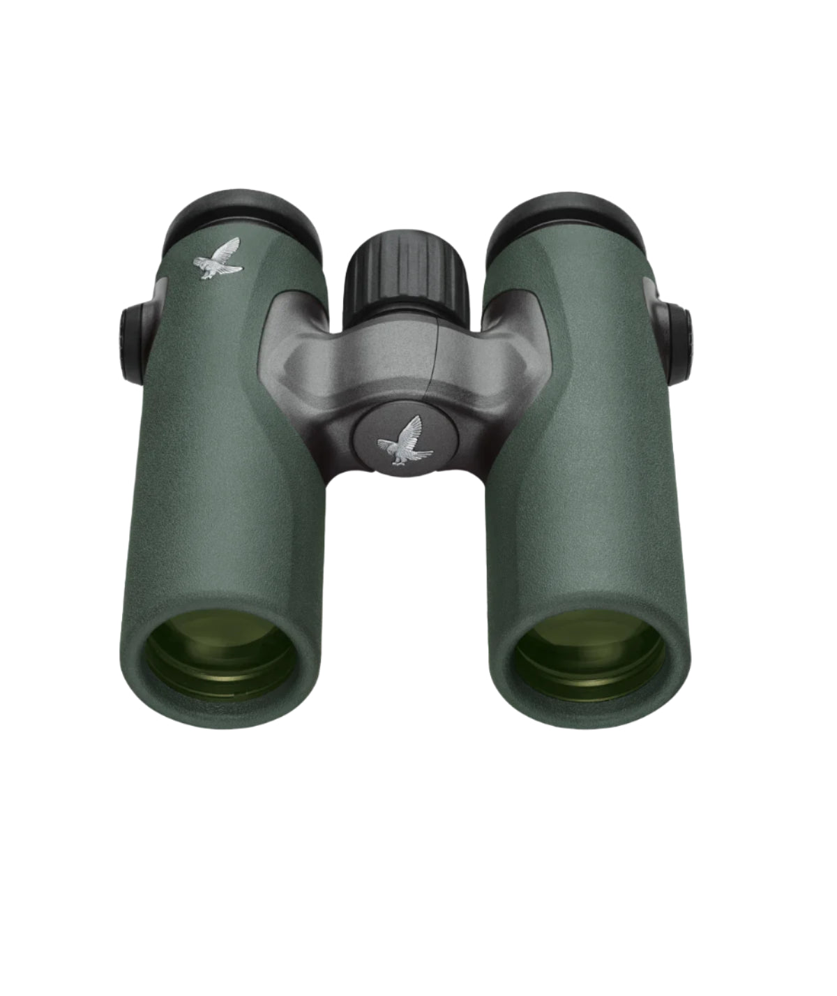 This image displays a pair of compact green binoculars with a central focus wheel and a sleek design, featuring the Swarovski logo on both barrels.