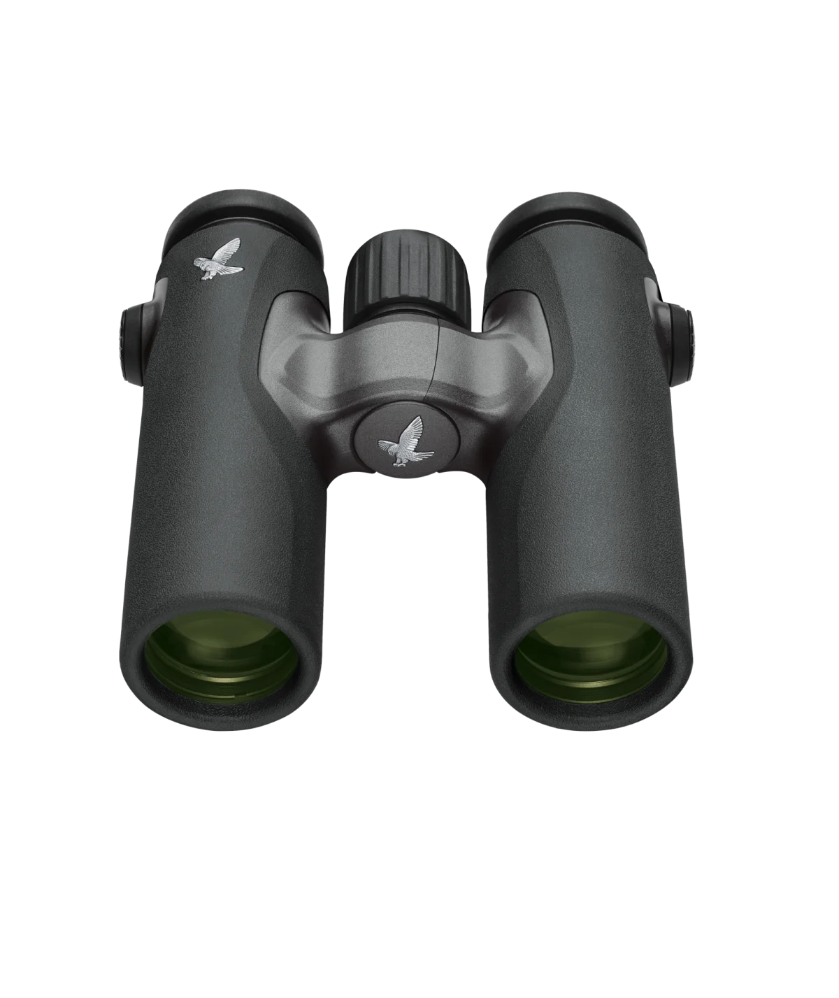 This image features compact Swarovski binoculars in black, showcasing a sleek design with green objective lenses and the Swarovski logo on both barrels.
