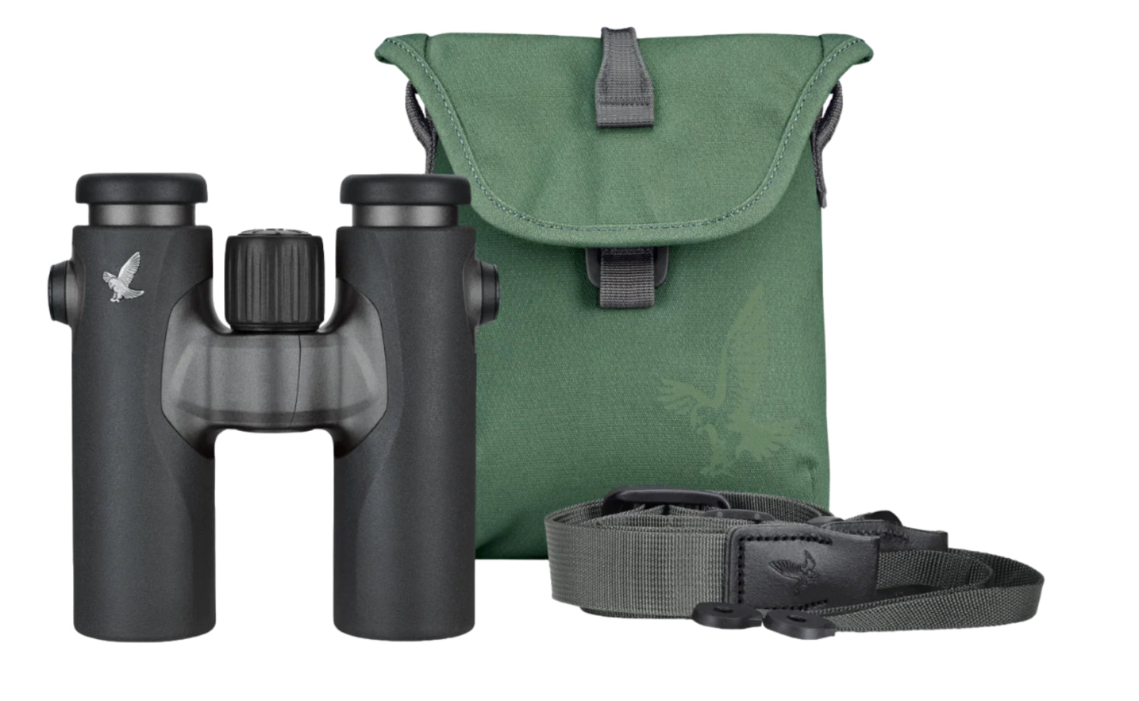 A pair of sleek black binoculars with an ergonomic design, featuring a bird logo on the side, accompanied by a durable green carrying case and an adjustable strap. The set is designed for outdoor enthusiasts, offering portability and convenience.