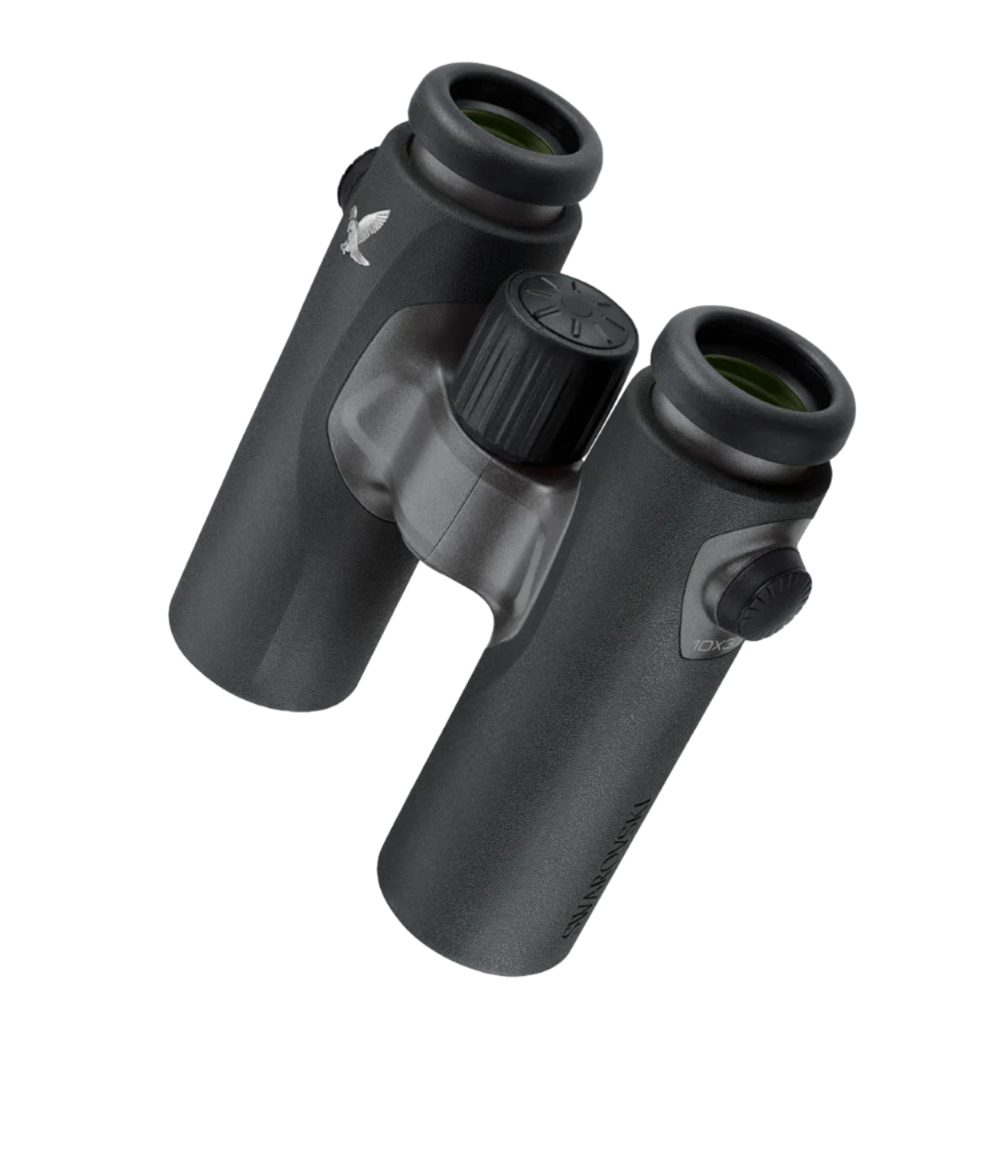 The image features a sleek pair of black compact binoculars with a modern design. The Swarovski logo, a flying bird, is prominently displayed on the side. The binoculars are equipped with a central focus wheel and ergonomic eyepieces, designed for comfort and precision viewing.