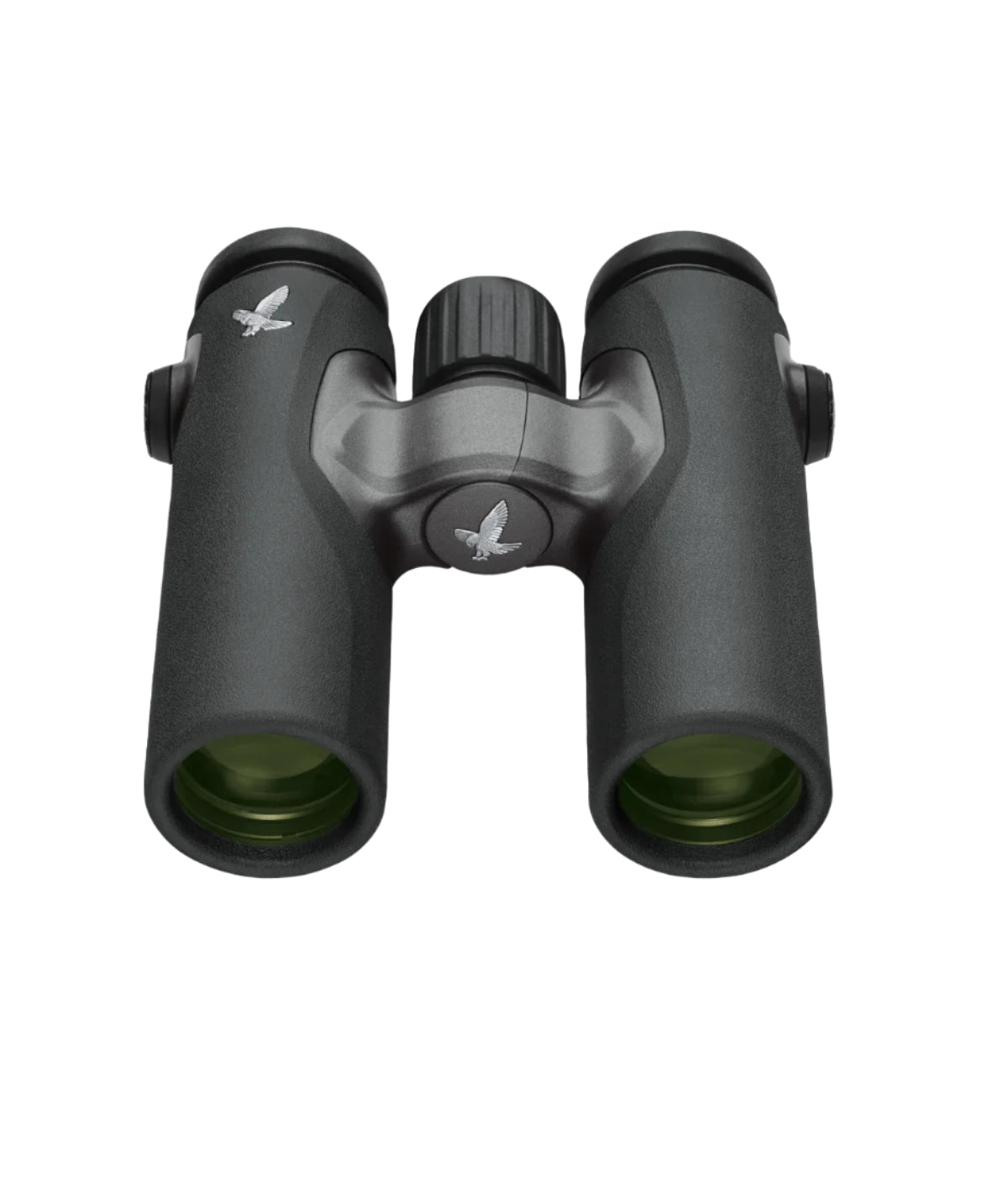 This image features a pair of compact black binoculars with a sleek design, showing a central focus wheel and the Swarovski logo prominently displayed on each barrel. The lenses are coated with a greenish hue, indicating an anti-reflective coating.