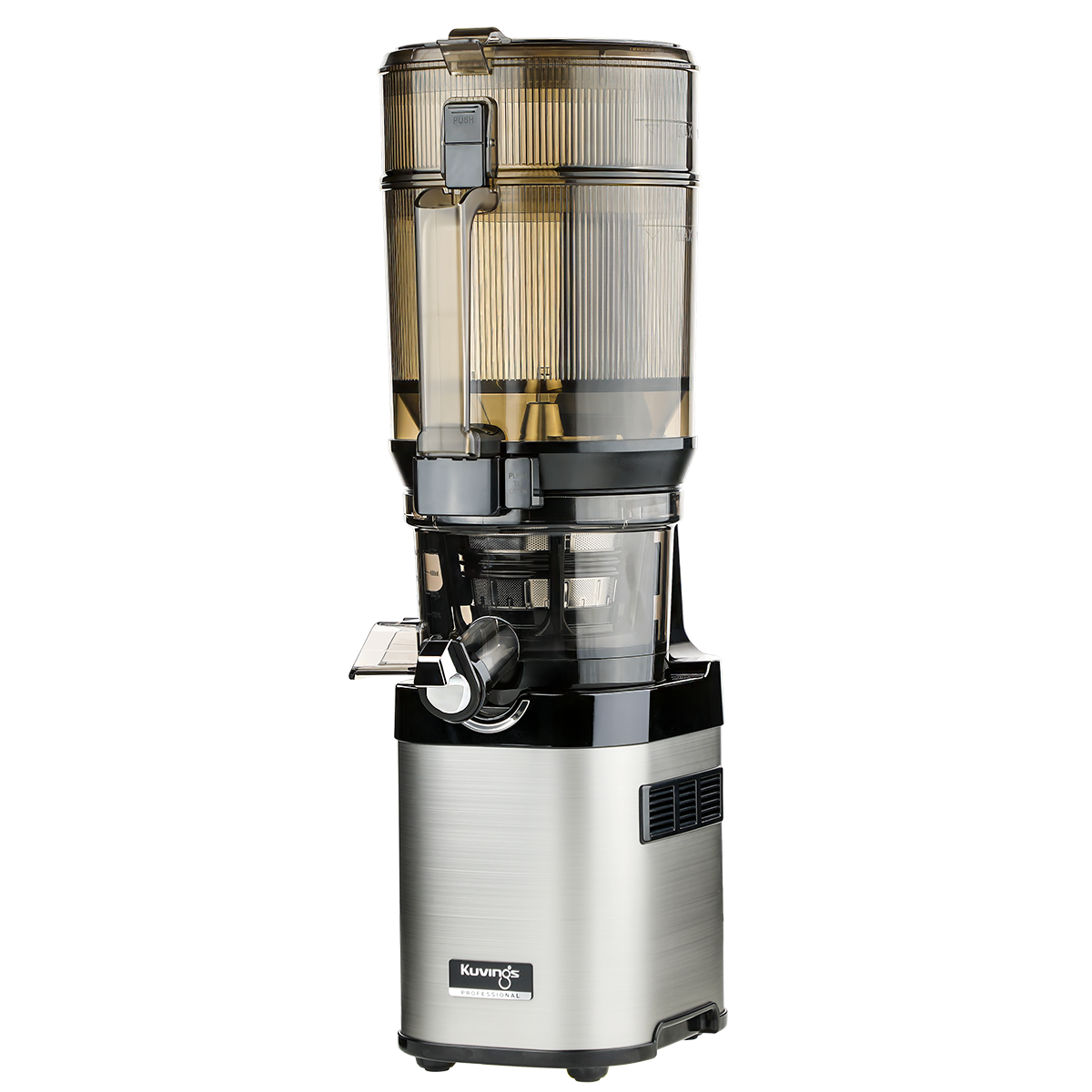 Kuvings CS800 side view showing hopper and juice outlet