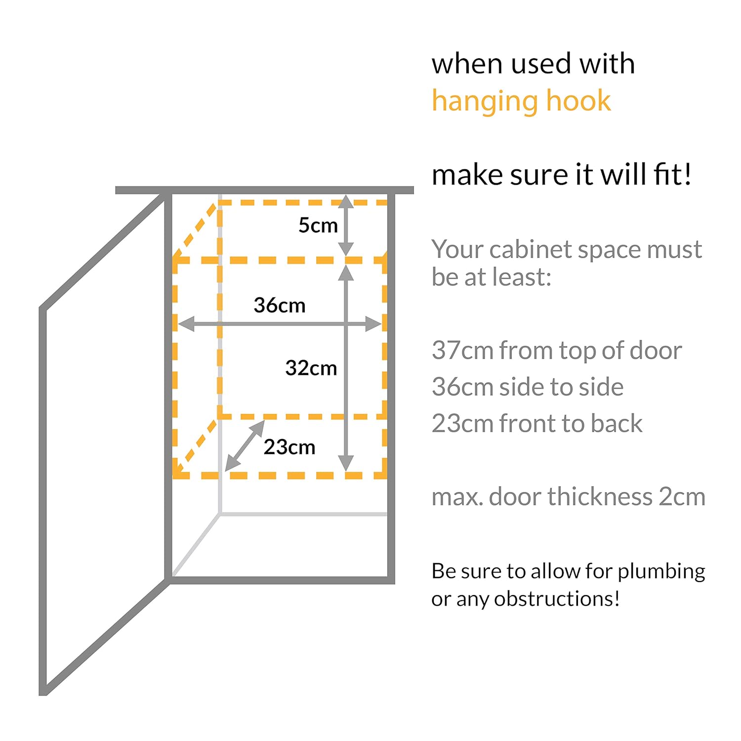 This illustration provides a guide for checking cabinet dimensions when using a hanging hook accessory. It specifies that your cabinet space must have a minimum of:
- 37 cm from the top of the door to the bottom
- 36 cm from side to side
- 23 cm from front to back
It also notes a maximum door thickness of 2 cm and advises users to account for plumbing or any obstructions in the cabinet space.