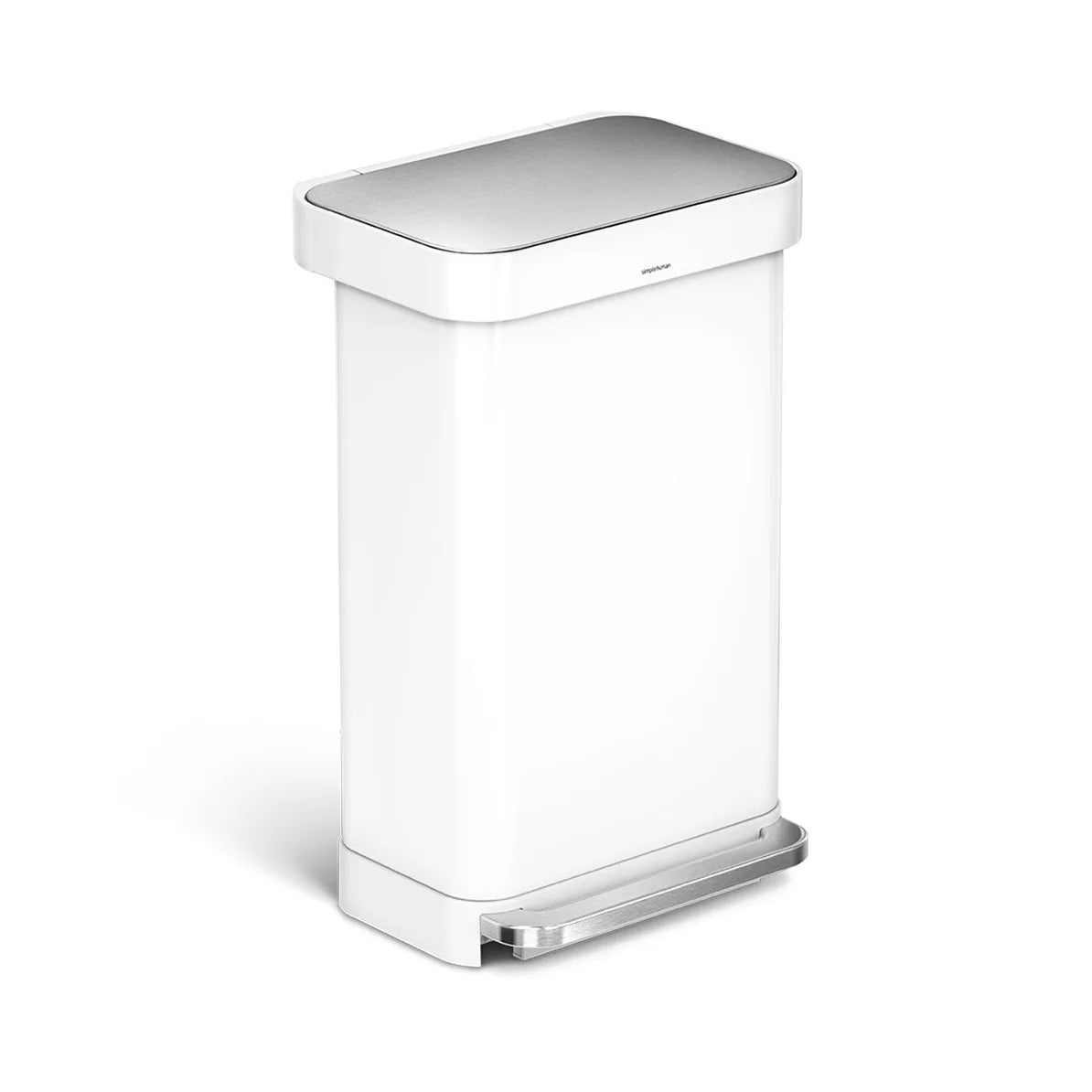 The image shows a white Simplehuman trash can with a sleek and modern design, viewed from an angled perspective. The trash can has a rectangular shape with slightly rounded corners. The lid is finished in brushed steel, which adds an elegant contrast to the white body of the can. The foot pedal at the base, also made of brushed steel, matches the lid's finish, providing a cohesive and stylish look. This trash can is designed for functionality and aesthetics, making it a perfect addition to any contemporary