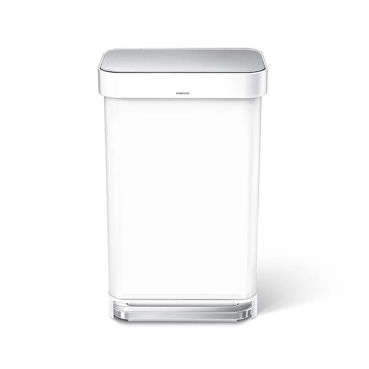 The image shows a front view of a white Simplehuman trash can with a sleek, modern design. The trash can has a rectangular shape with slightly rounded corners. The lid features a brushed steel finish that adds a touch of elegance to the overall aesthetic. The body of the can is a crisp white, which complements the metallic lid and foot pedal at the base. The foot pedal is also finished in brushed steel, matching the lid and creating a cohesive look. The Simplehuman logo is subtly placed on the front of the