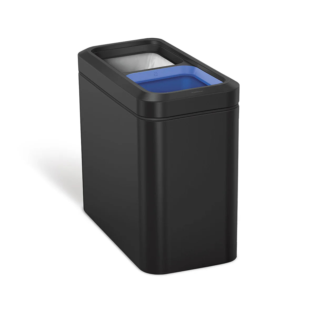 The image shows a sleek, rectangular black trash can with a dual-compartment design, featuring smooth, rounded edges and a matte finish. Inside the trash can, two separate compartments are visible—one with a blue liner and the other with a white liner—designed for waste separation, such as recycling and general trash. The compact and modern design makes it an ideal choice for spaces where efficient waste sorting is necessary, such as offices, kitchens, or public areas. The clean lines and functional layout
