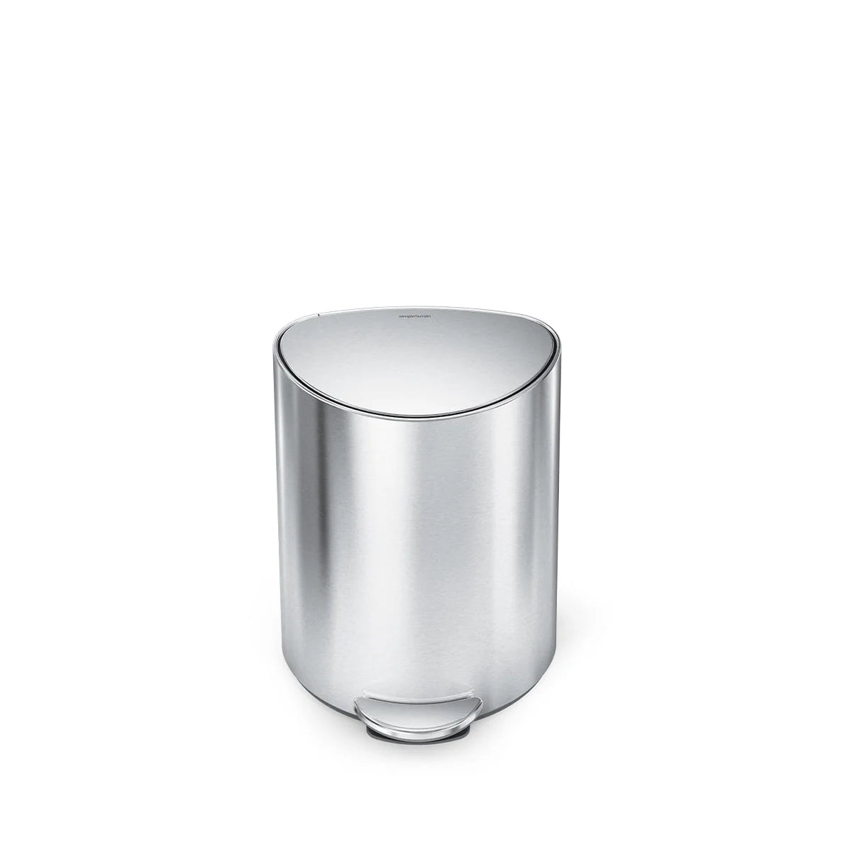 The image features a sleek, stainless steel trash can with an oval shape. The can is viewed from the front, showcasing its smooth metallic surface and minimalist design. It has a foot pedal at the bottom front, which is likely made from the same stainless steel material, allowing for hands-free operation. The lid is closed, maintaining the trash can's streamlined appearance. The overall design is modern and elegant, suitable for contemporary spaces where both functionality and aesthetics are important. The