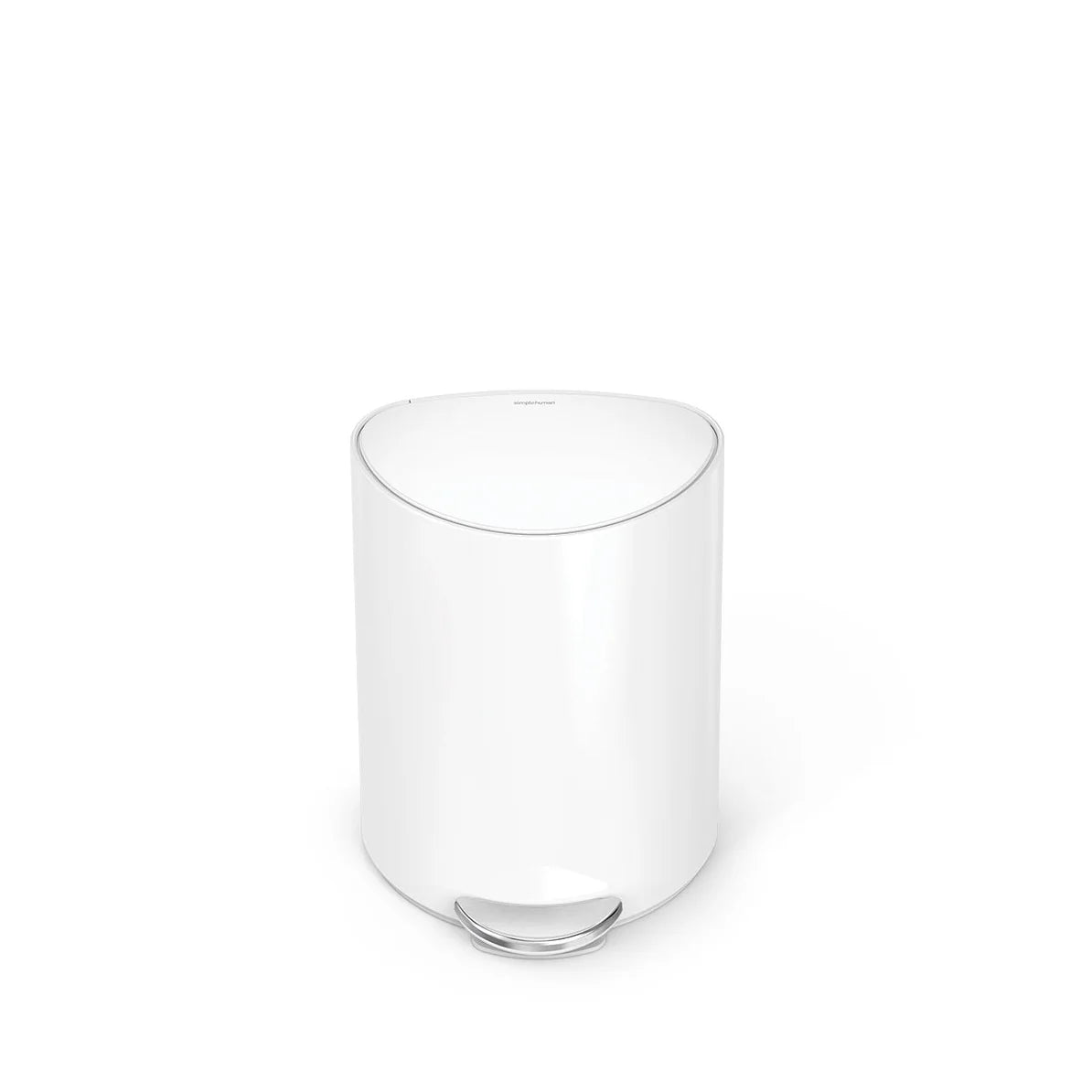 A white, oval-shaped trash can with a minimalist design. The can features a polished chrome foot pedal at the base for hands-free operation. The top is slightly rounded, adding to its modern aesthetic. The design is clean and functional, suitable for a contemporary bathroom, kitchen, or office space.