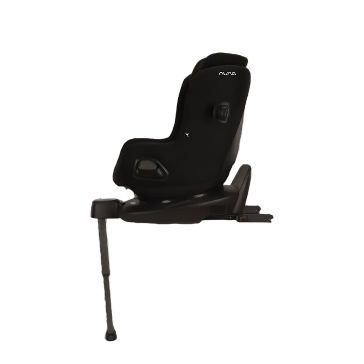 Side view of a Nuna convertible car seat in forward-facing position with support leg and ISOFIX base, showcasing its upright configuration for toddler seating and secure installation.