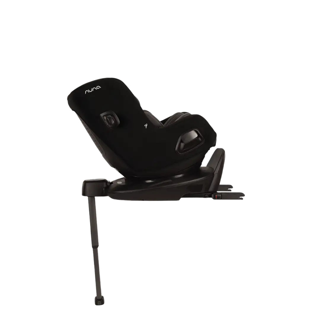 Side view of a Nuna convertible car seat in rear-facing position with adjustable recline, support leg, and ISOFIX base, designed for secure infant installation and comfort.