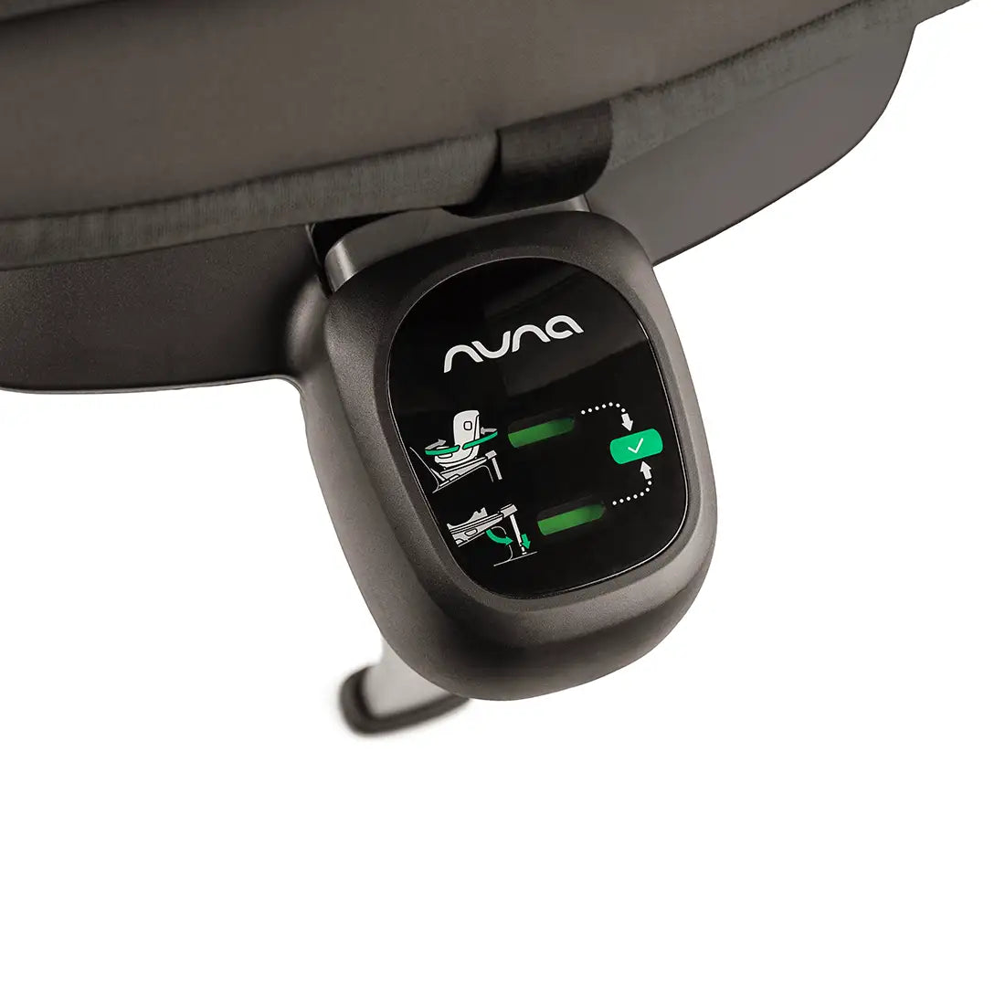 Close-up of the Nuna car seat installation indicator panel showing green checkmarks for both rear-facing and forward-facing positions, confirming correct and secure setup.
