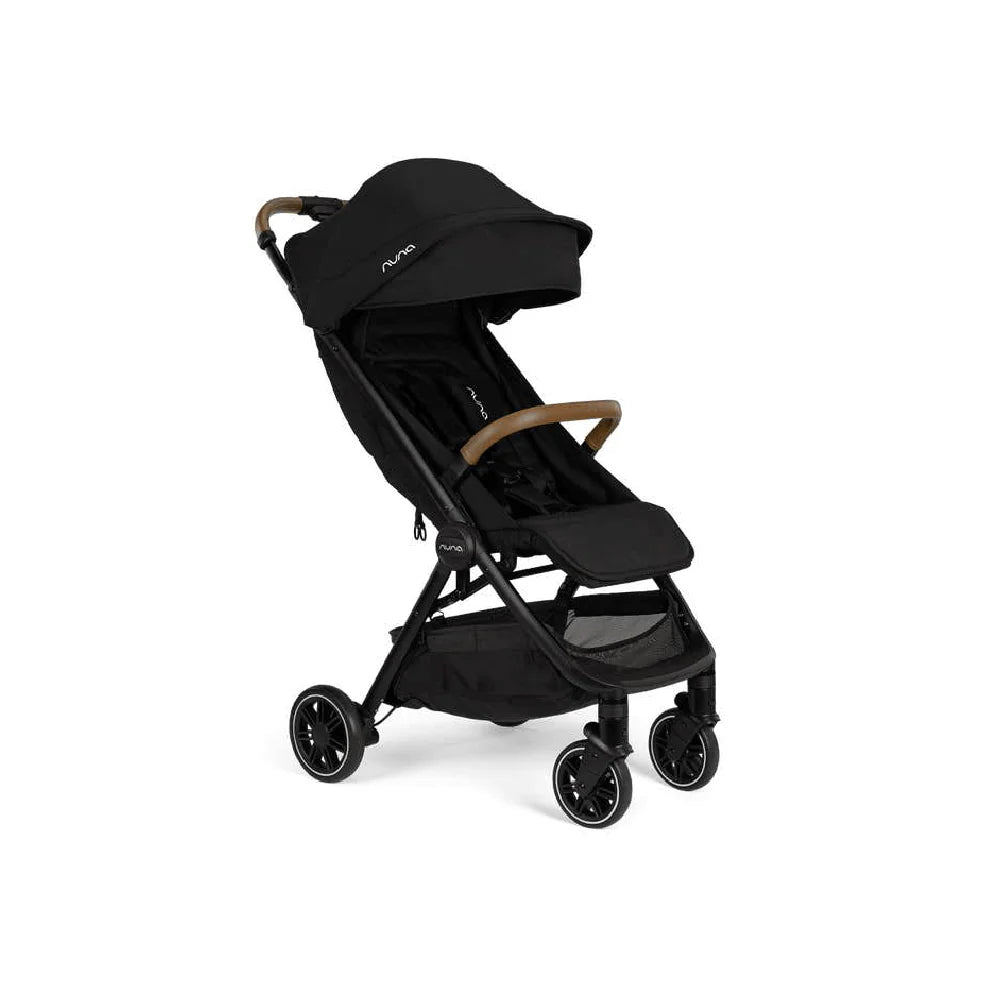 The image shows a sleek black compact stroller with a canopy, brown leatherette handlebar and arm bar, padded seat, and under-seat storage, designed for both style and functionality on the go.