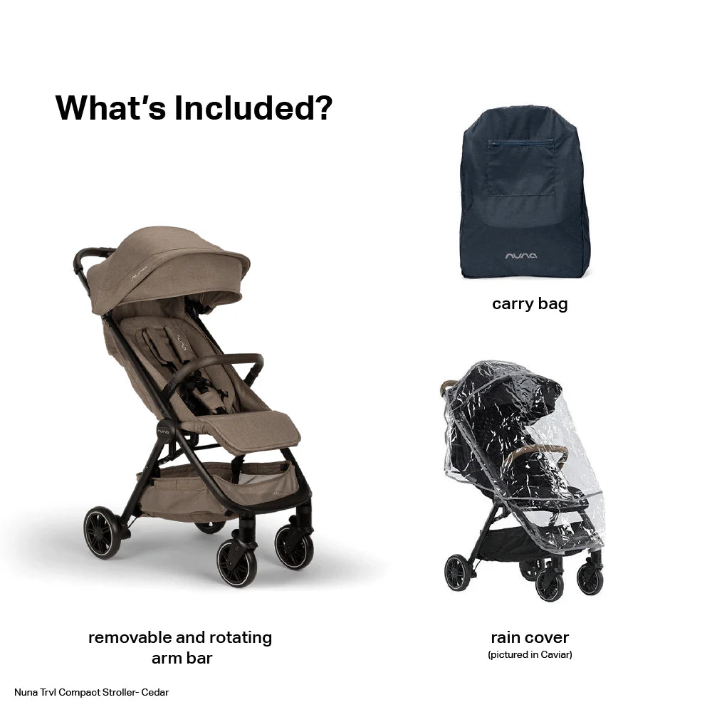 The image shows that the stroller package includes a stroller with a removable and rotating arm bar, a carry bag, and a rain cover.