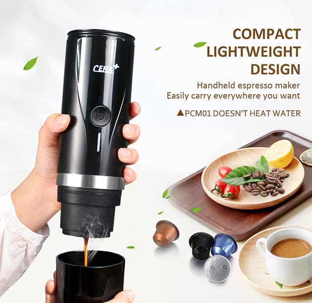 Compact and lightweight handheld espresso maker by CERA+, designed for portability. Features include ease of use, compatibility with coffee capsules, and a sleek design. The image showcases the machine in action pouring espresso, with a tray of coffee beans, capsules, and a cup of espresso in the background. Note: PCM01 model does not heat water.