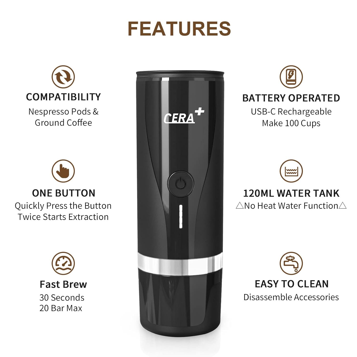 Feature showcase of a portable espresso machine branded CERA+. Highlights include compatibility with Nespresso pods and ground coffee, USB-C rechargeable battery capable of making 100 cups, a 120ml water tank with no heat water function, one-button operation for quick extraction, a fast brewing process (30 seconds, 20-bar pressure), and easy-to-clean disassemblable accessories.