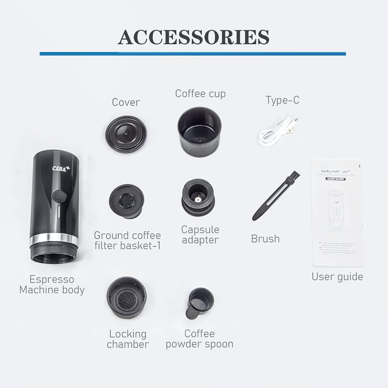 Accessories set for a portable espresso machine including an espresso machine body, cover, coffee cup, ground coffee filter basket, capsule adapter, locking chamber, coffee powder spoon, Type-C cable, brush, and user guide, neatly displayed for clarity.