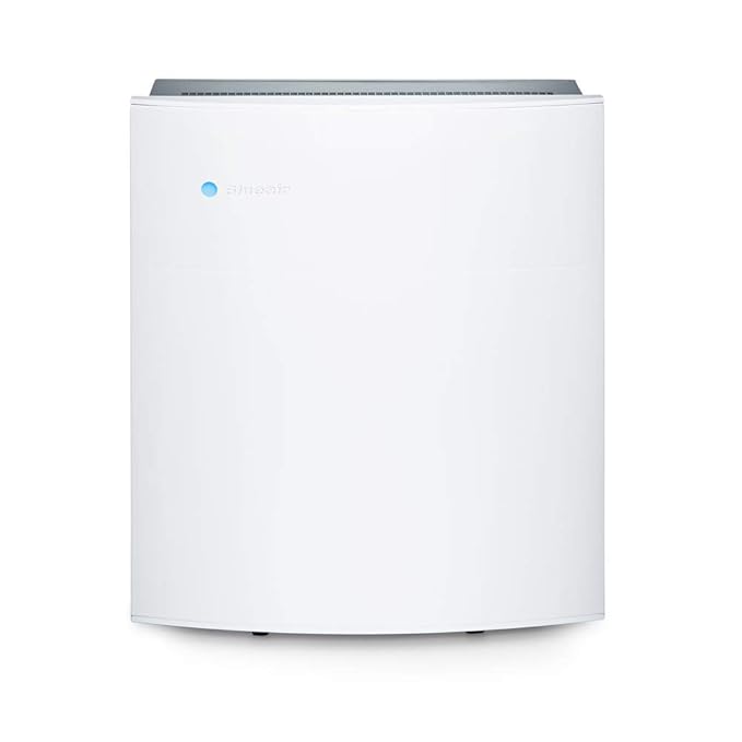 Front view of a Blueair air purifier with a minimalist white design and a small blue LED indicator on the upper left.