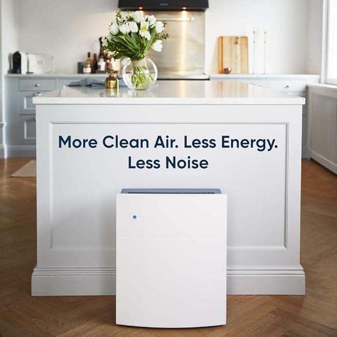 An air purifier placed in a modern kitchen with the text "More Clean Air. Less Energy. Less Noise" on the counter behind it.