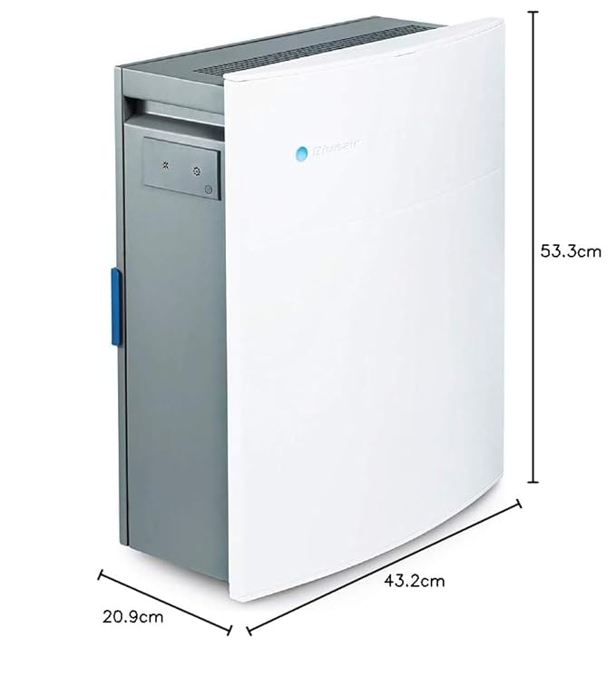 Angled view of a Blueair air purifier with dimensions labeled: 53.3 cm tall, 43.2 cm wide, and 20.9 cm deep.