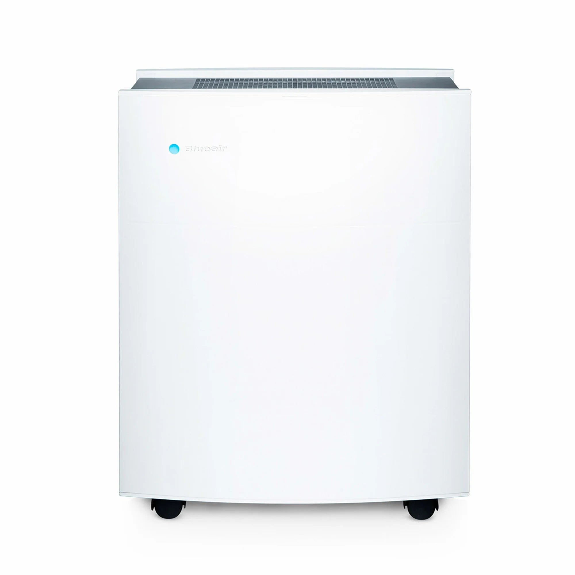 Minimalist front view of a large air purifier with a white steel body, subtle branding, and caster wheels for portability.