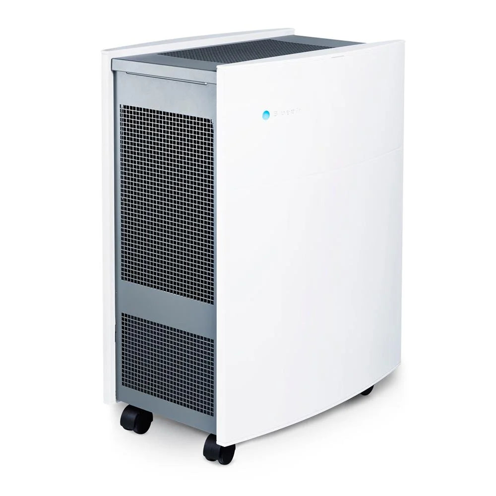 Sleek, large-capacity air purifier with a durable steel body and front-facing air vents, mounted on wheels for easy mobility.