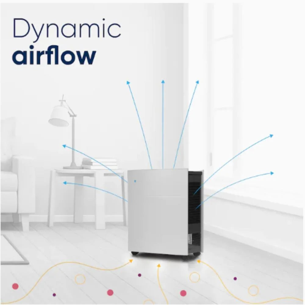 Air purifier with dynamic airflow design dispersing clean air evenly across the room for optimal circulation.
