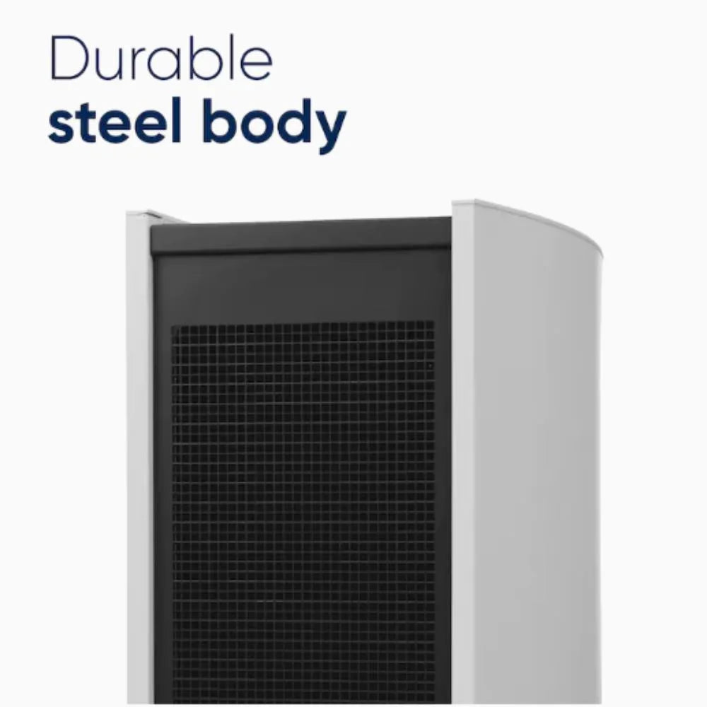 Air purifier featuring a durable steel body with a black front grille, designed for long-lasting performance.