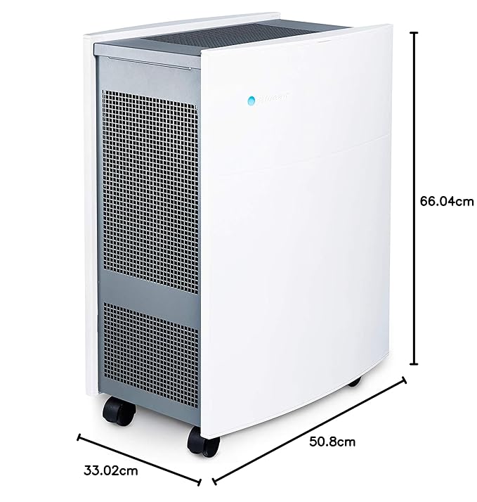 Angled view of a Blueair air purifier with visible dimensions (66.04 cm height, 50.8 cm width, 33.02 cm depth), showing a modern design with side vents and caster wheels for mobility.