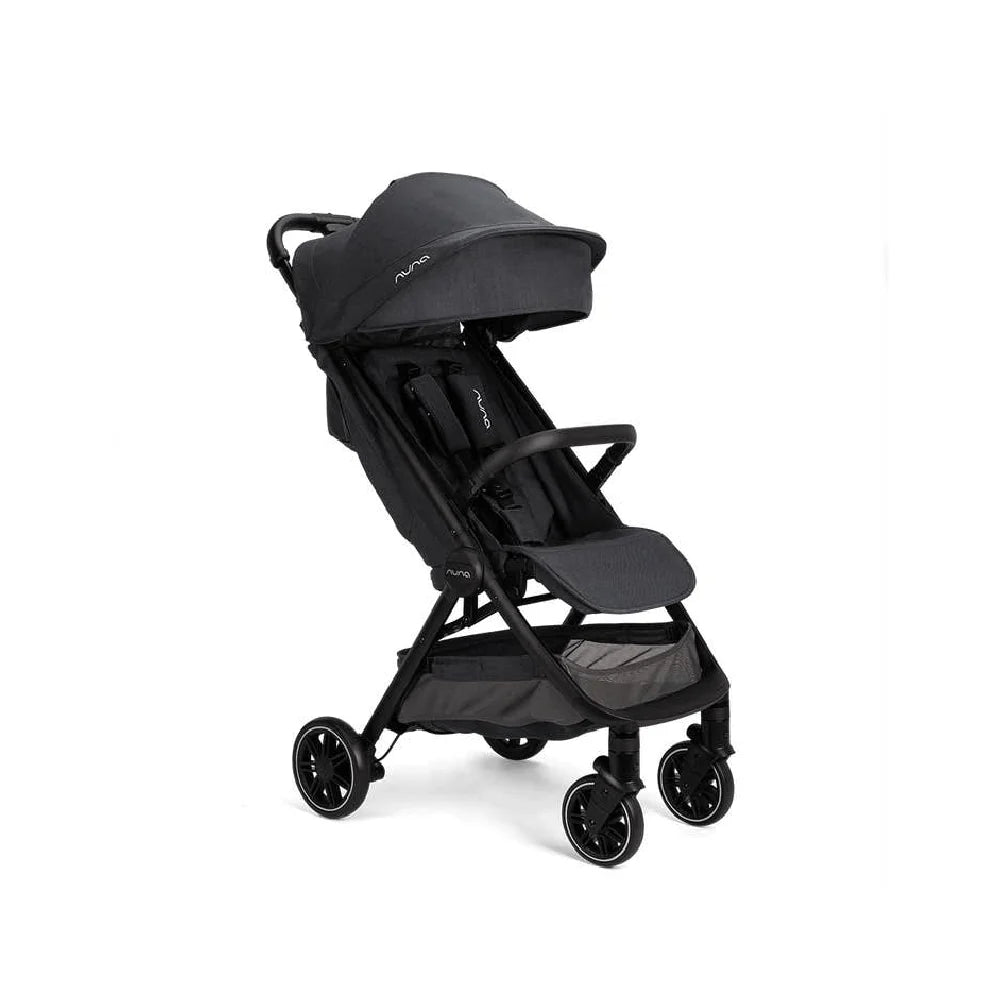 This is a Nuna Triv compact stroller in a dark grey color, featuring a UPF 50+ canopy, padded seat, armbar, underseat storage, and smooth rolling wheels for urban mobility.