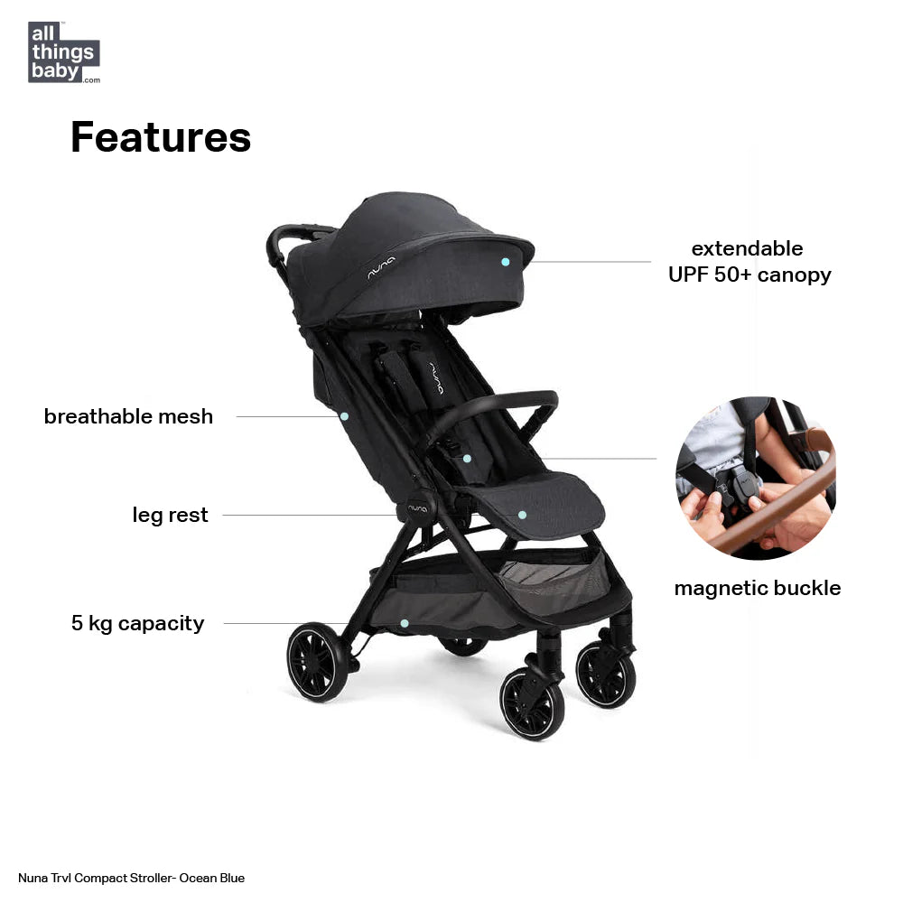 This image highlights the features of the Nuna TRIV Compact Stroller in Ocean Blue, including an extendable UPF 50+ canopy, breathable mesh, leg rest, 5 kg storage capacity, and a magnetic buckle for secure and easy harnessing.