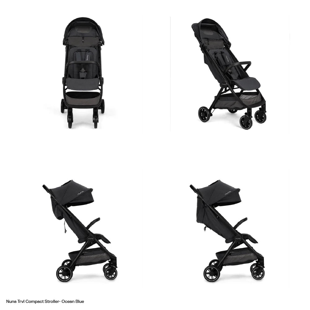 The image displays a black Nuna stroller from four angles—front, side, angled, and opposite side—highlighting its sleek, modern design and compact, travel-friendly build.
