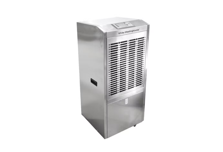 A large industrial dehumidifier with a sleek metallic silver exterior.