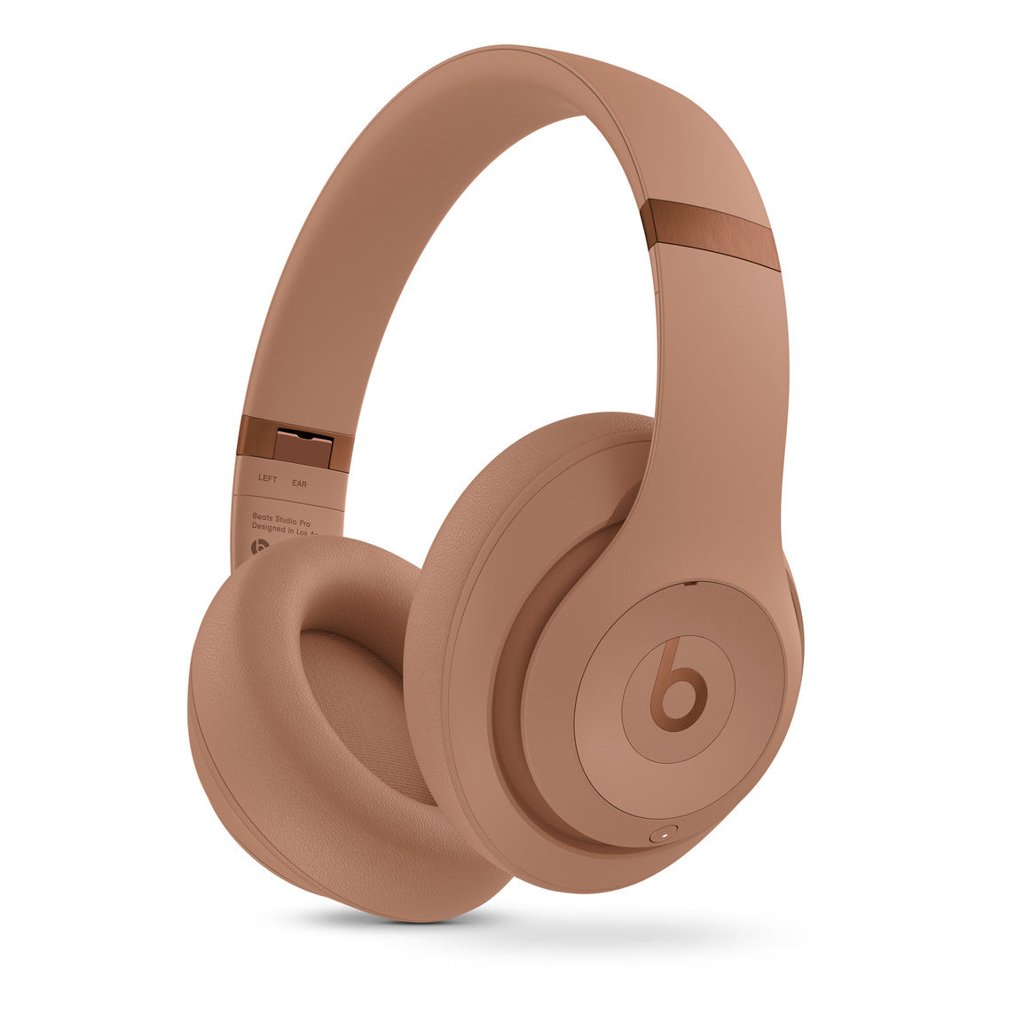 Beige over-ear wireless headphones with a polished design, featuring a distinct b logo on the ear cups, plush ear cushions, and an adjustable headband for enhanced comfort and style.