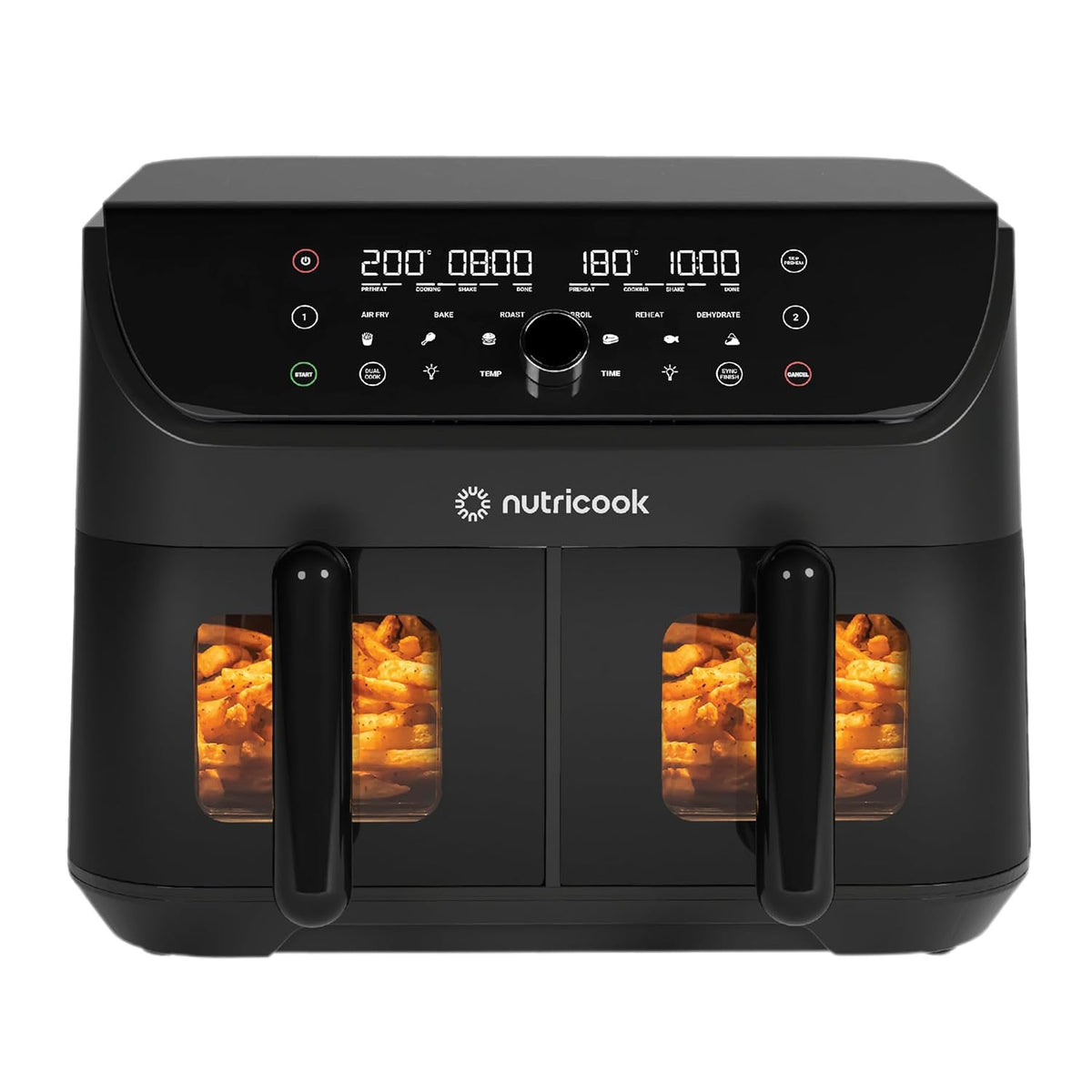 Nutricook Duo 8.5L dual basket air fryer in black with two viewing windows
