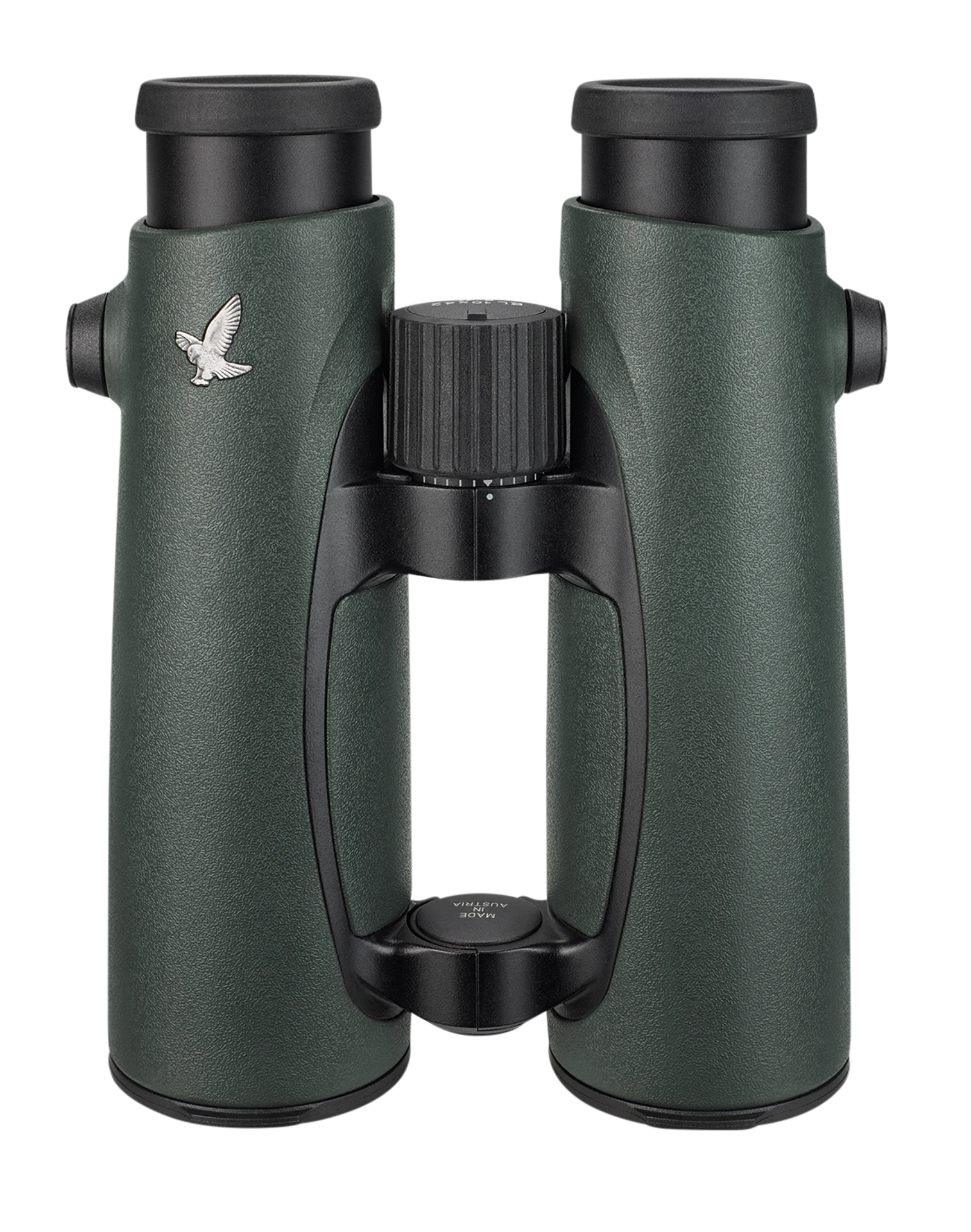A close-up angled view of Swarovski binoculars in green, showcasing their textured finish, precision lenses, and ergonomic grip design.