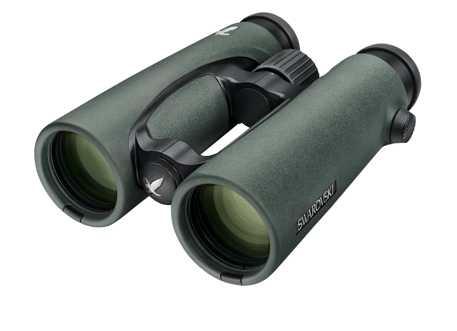 This image shows Swarovski binoculars in a green finish, highlighting the large objective lenses, ergonomic grip, and distinct branding on the side.