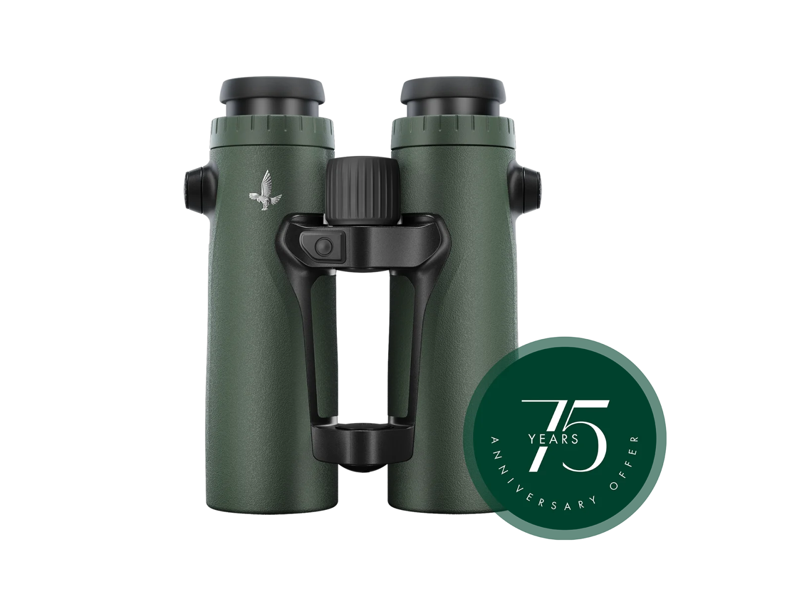 A rear view of green Swarovski Optik binoculars with an open-bridge design, featuring the Swarovski bird logo on the left barrel and a "75 Years Anniversary Offer" badge on the bottom right corner.