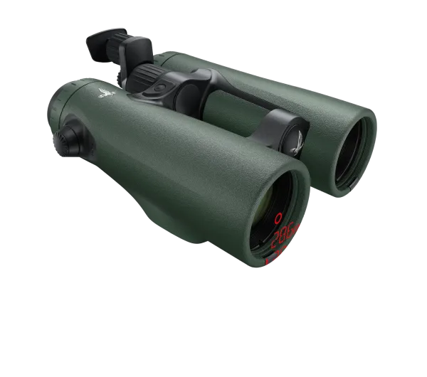 A diagonal view of Swarovski Optik green binoculars with an open-bridge design, featuring a digital display showing "280" in red inside one of the objective lenses, and the Swarovski bird logo near the eyepiece.
